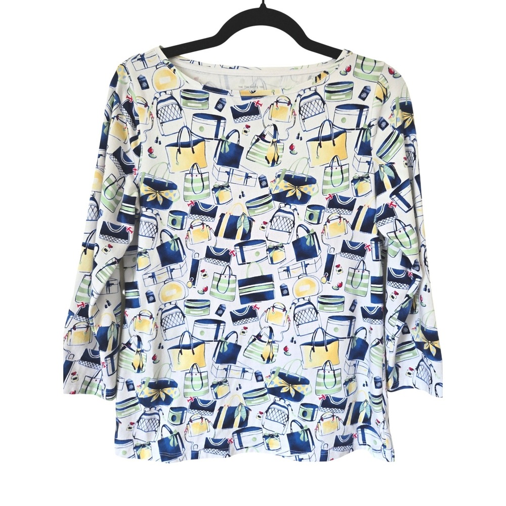 Talbots Womens Small White Handbag Travel Passport Novelty Print Top Tee
